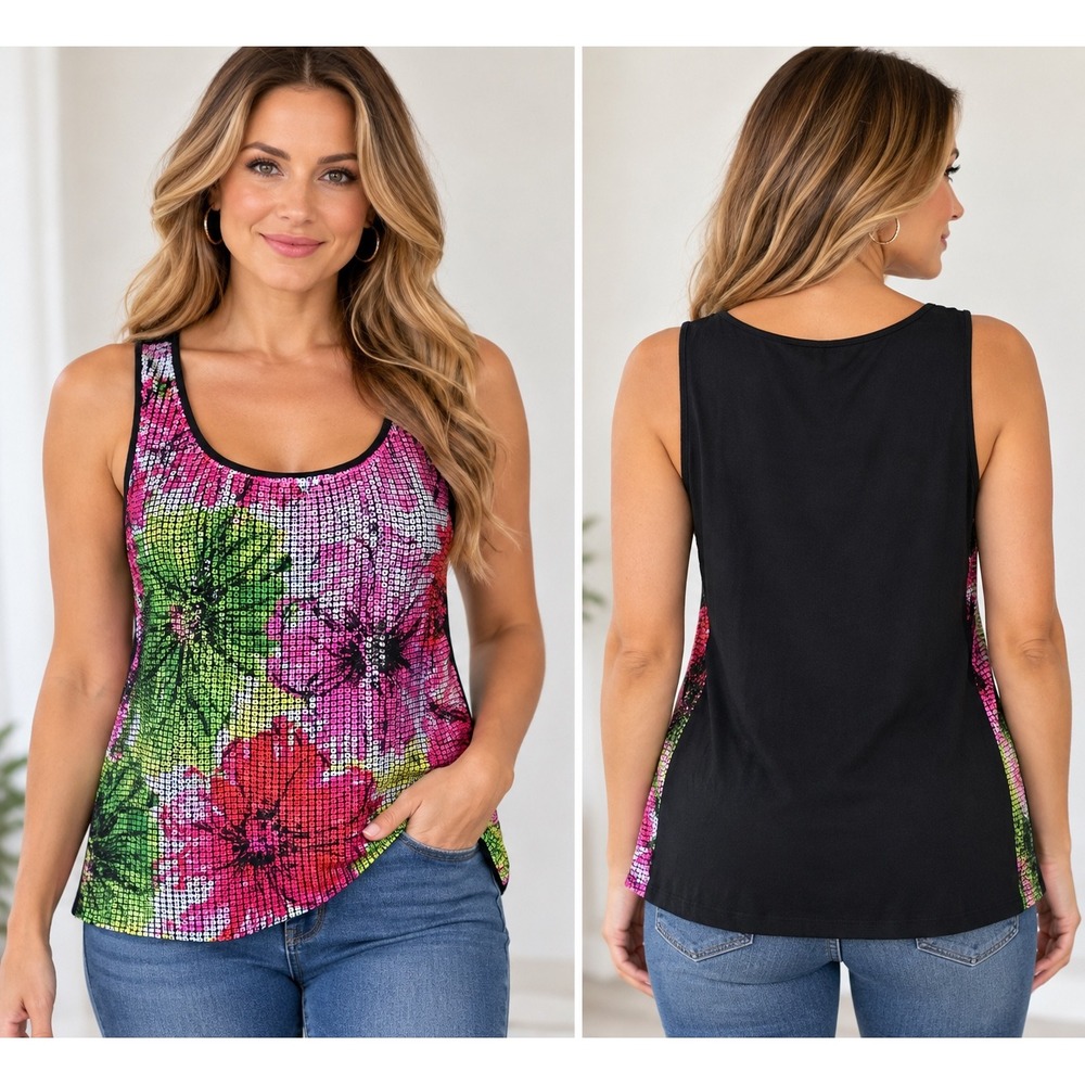 Peter Nygard Floral Sequin Multicolor Tile Print Sleeveless Tank Blouse XL NWT